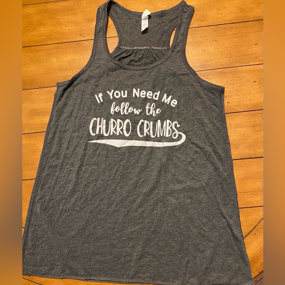 Grey racerback tank top size L, EUC. “if you need me, follow the churro crumbs”